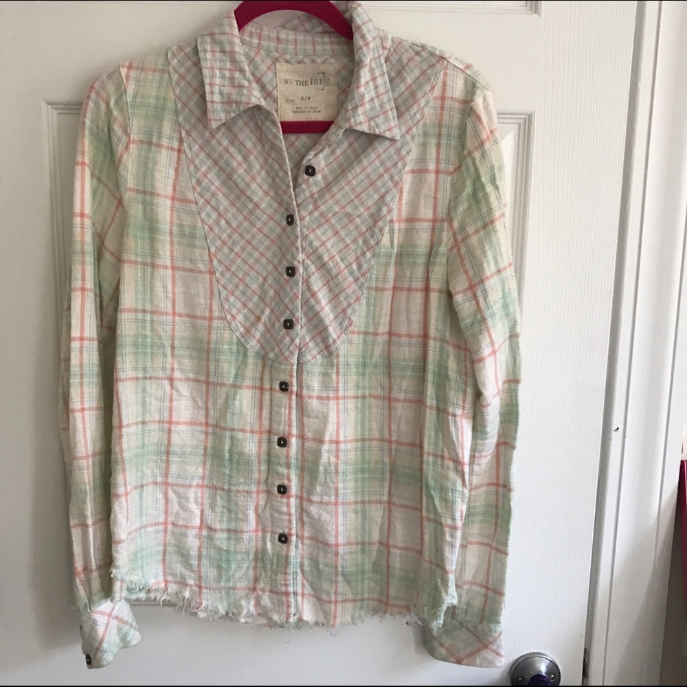 Free People Light green plaid flannel shirt